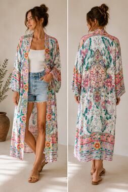 PS Smile Often Boho Floral Paisley Maxi Kimono Duster Cover Up One Size